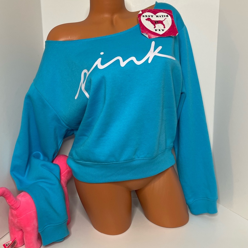 Victoria’s Secret PINK XL Logo Sweatshirt Off-shoulder Super Soft Crewneck Blue